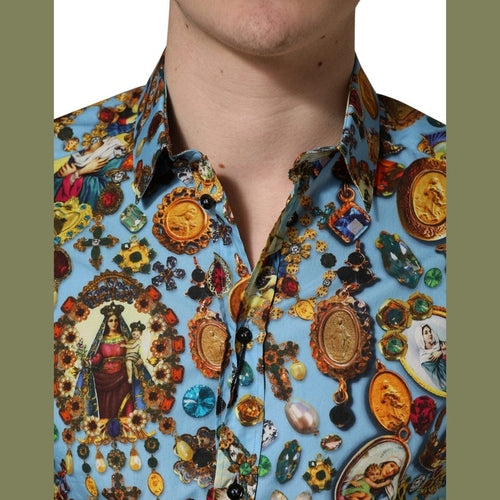 Dolce & Gabbana Blue Cotton Jewel Print Button Down GOLD Shirt
