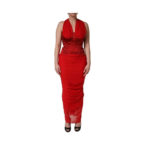 Dolce & Gabbana Red Halter Corset Sleeveless Sheath  Dress