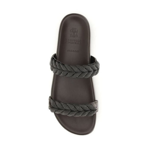 Brunello Cucinelli Brown Calf Leather Bos Taurus Flat Sandals