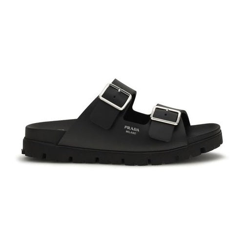 Prada Black Calf Leather Bos Taurus Flat Sandals