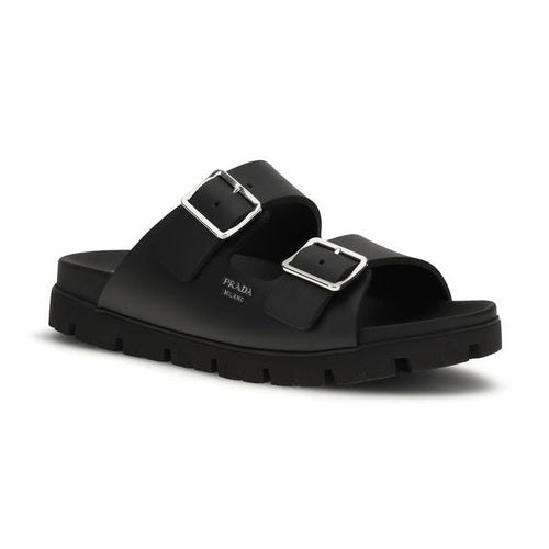 Prada Black Calf Leather Bos Taurus Flat Sandals