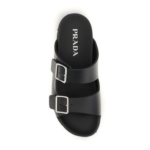 Prada Black Calf Leather Bos Taurus Flat Sandals