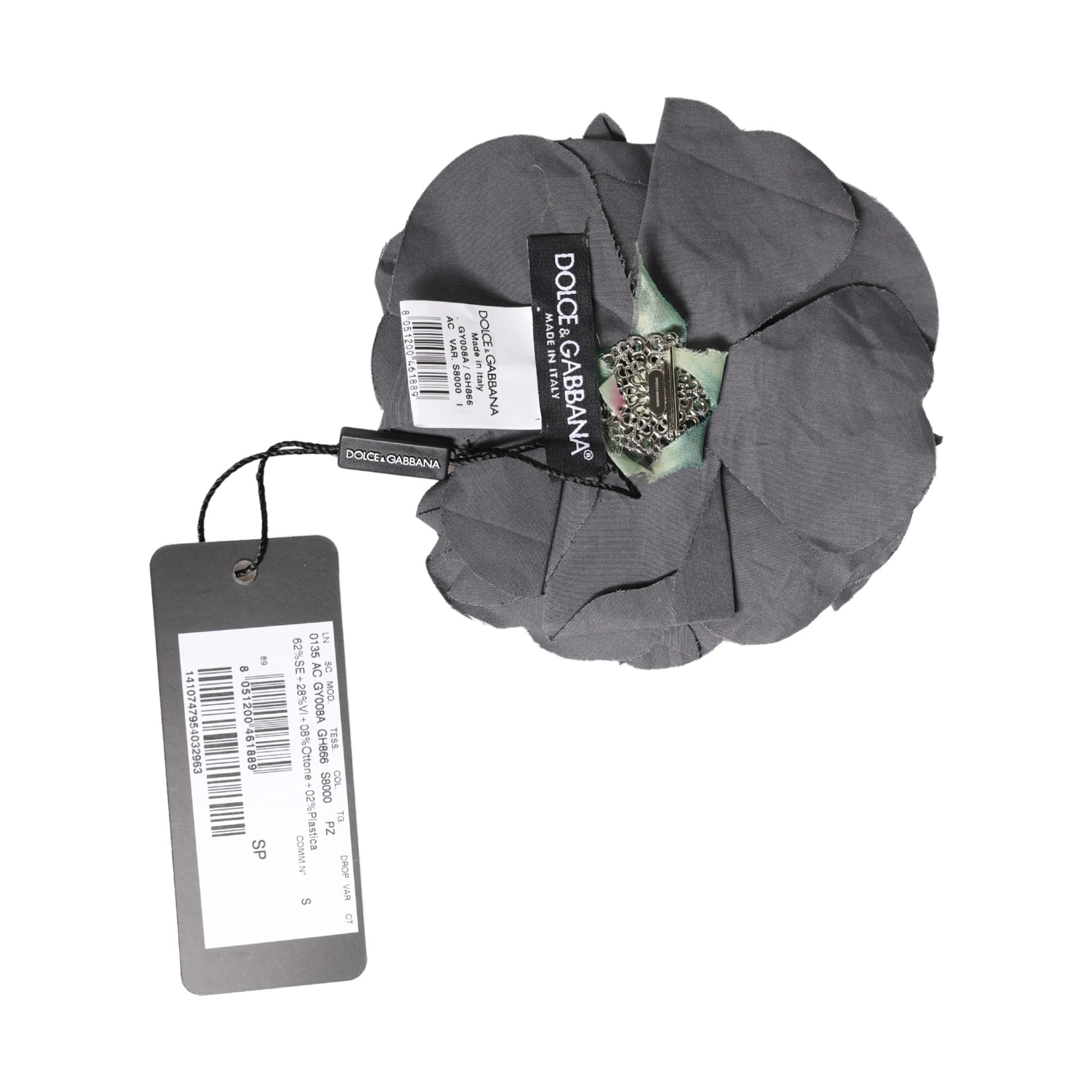 Dolce & Gabbana Gray Floral Motif Silk Blend Poplin Fabric Bar Pin  Brooch