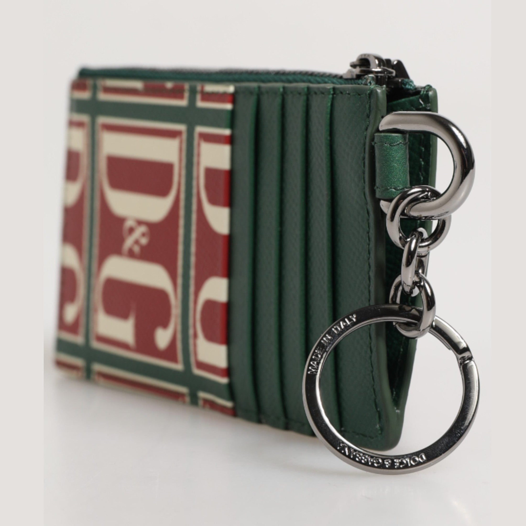 Dolce & Gabbana Green Calf Leather Logo Print Monogram Card Holder Wallet