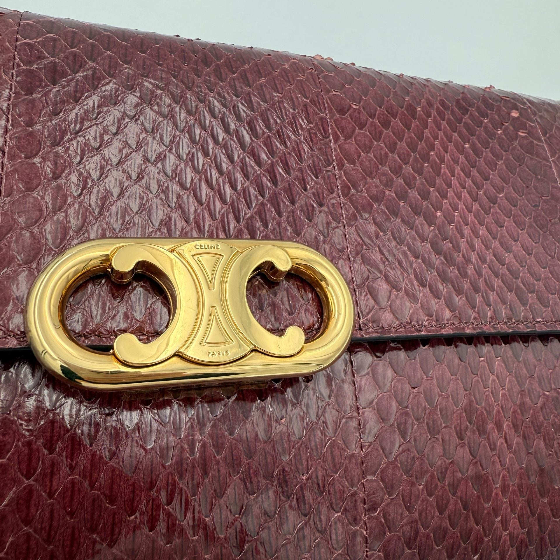 Celine CELINE TRIOMPHE Reptile Skin Burgundy Clutch