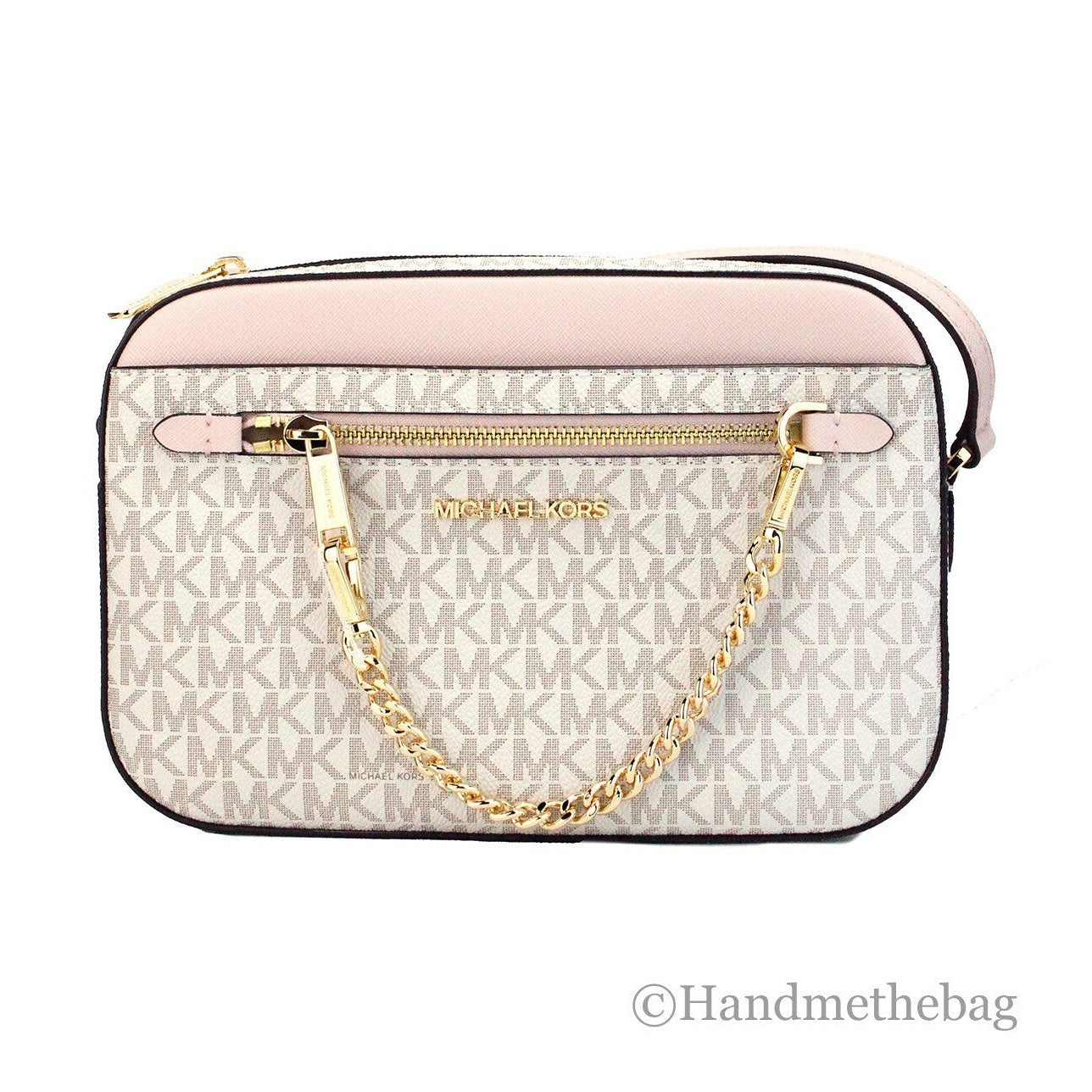 Michael Kors Adult Saffiano Leather Chain Zip Crossbody Handbag, Vanilla/Powder Blush