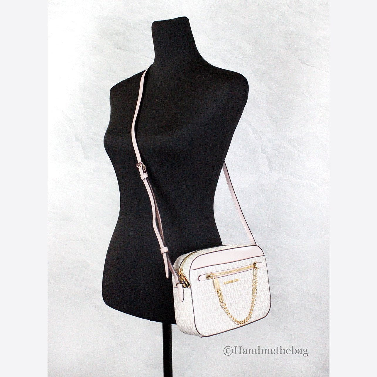 Michael Kors Adult Saffiano Leather Chain Zip Crossbody Handbag, Vanilla/Powder Blush