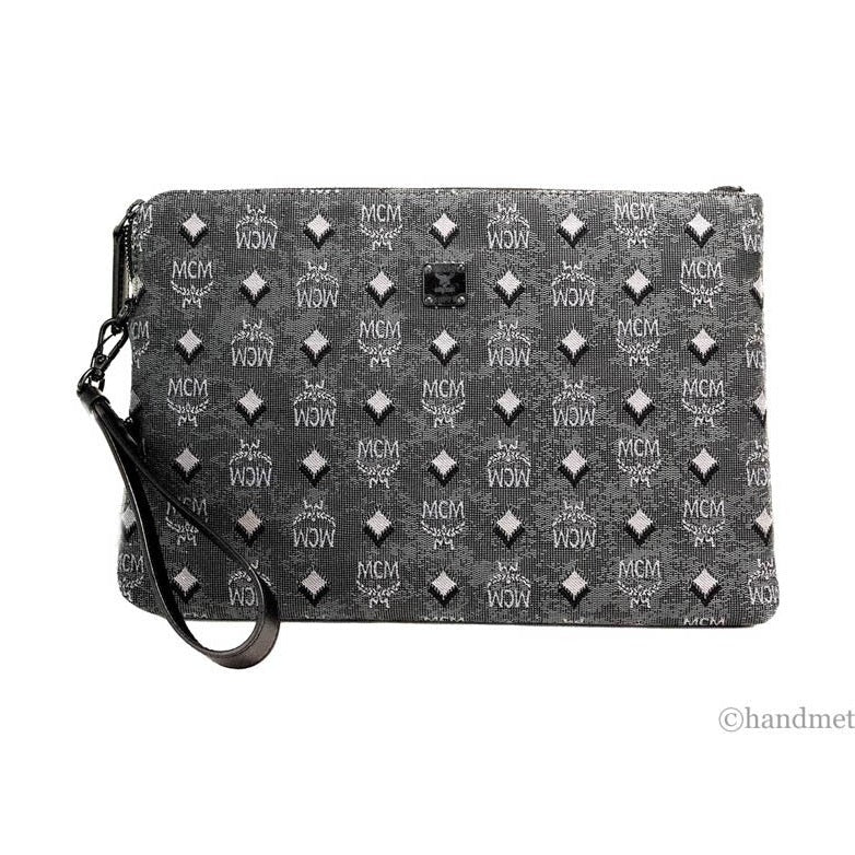 MCM Veritas Medium Dark Grey Denim Monogram Logo Canvas Clutch Pouch Handbag