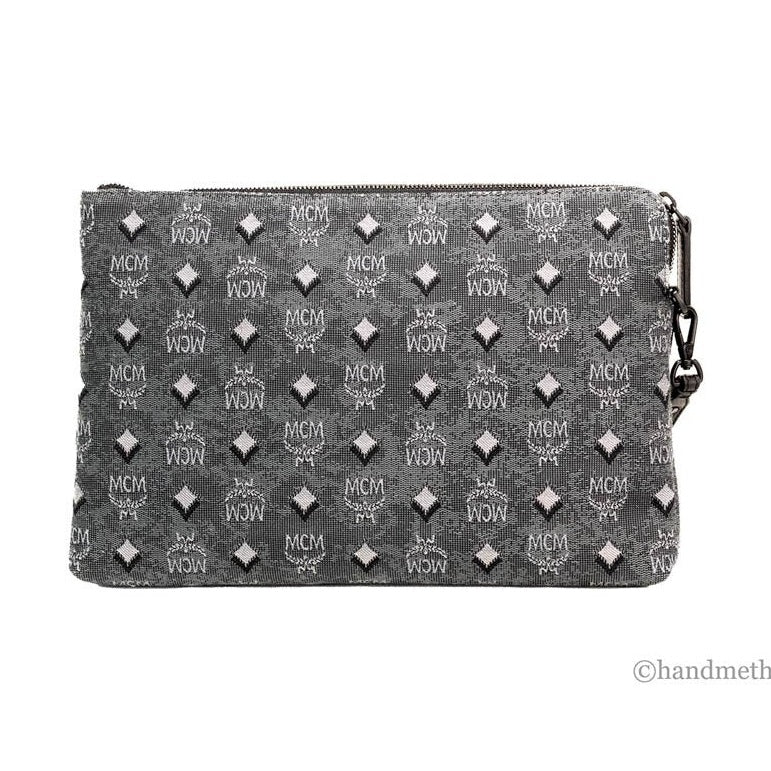 MCM Veritas Medium Dark Grey Denim Monogram Logo Canvas Clutch Pouch Handbag
