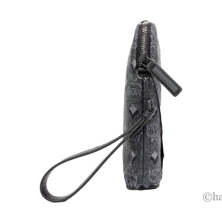 MCM Veritas Medium Dark Grey Denim Monogram Logo Canvas Clutch Pouch Handbag