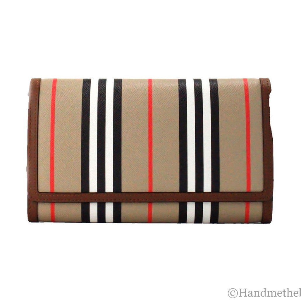 Burberry Hannah Icon Stripe Archive Tan E-Canvas Leather Wallet Crossbody Bag