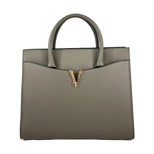 Versace Virtus Large Leather Top Handle Satchel Bag Tote Gray