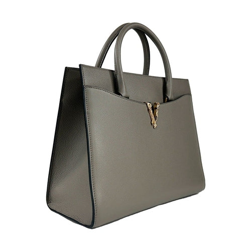 Versace Virtus Large Leather Top Handle Satchel Bag Tote Gray