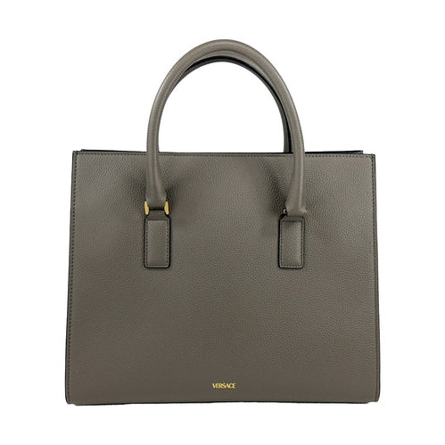 Versace Virtus Large Leather Top Handle Satchel Bag Tote Gray
