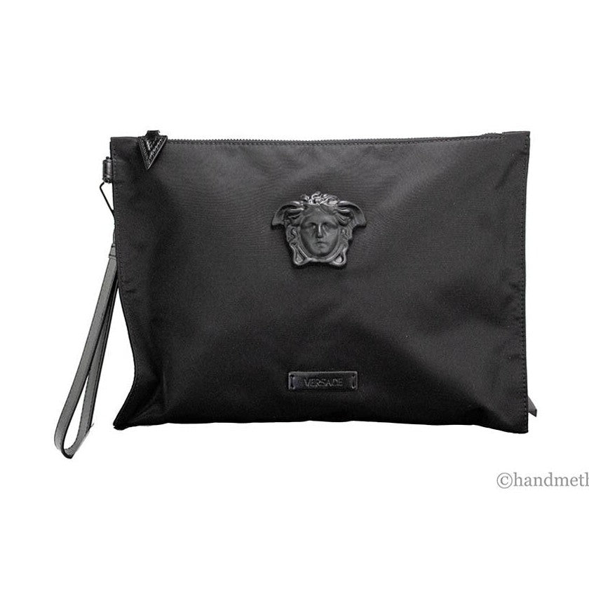 Versace Large Black Nylon Fabric Medusa Convertible Pouch Clutch Wristlet Bag