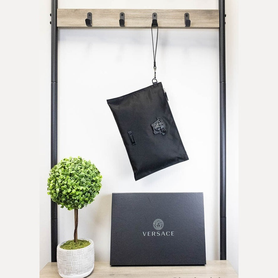Versace Large Black Nylon Fabric Medusa Convertible Pouch Clutch Wristlet Bag