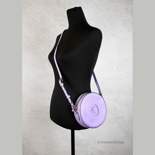 Versace Round Disco Lilac Pebbled Leather Camera Case Crossbody Bag Purse