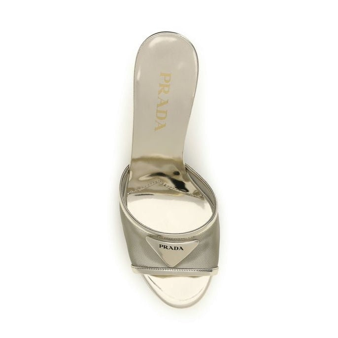 Prada Silver Calf Leather Bos Taurus Stiletto Heel Sandals