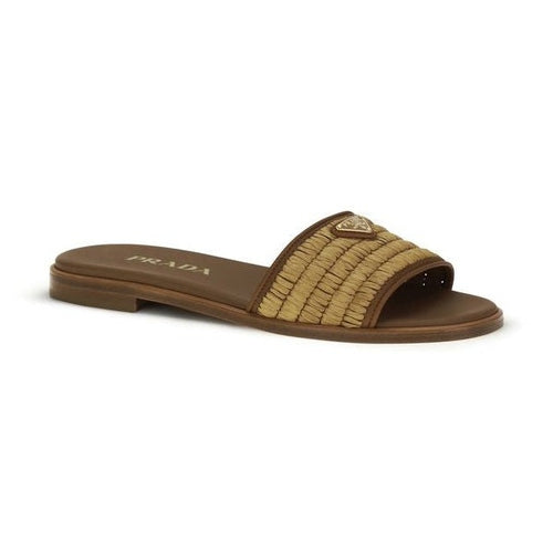 Prada Brown Raffia Slippers