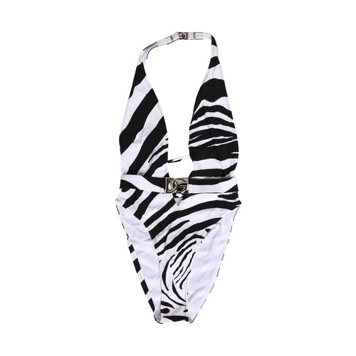 Dolce & Gabbana Black White Zebra Deep V-Neck One Piece Swimwear