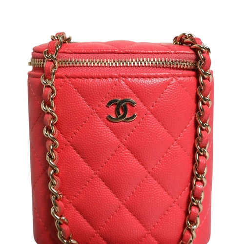 Chanel Red Caviar Quilted Small Vertical Coco Beauty Vanity Case with Chain