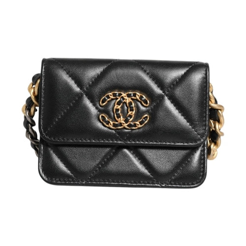 Chanel 19 Flap Coin Purse Quilted Leather Black Crossbody