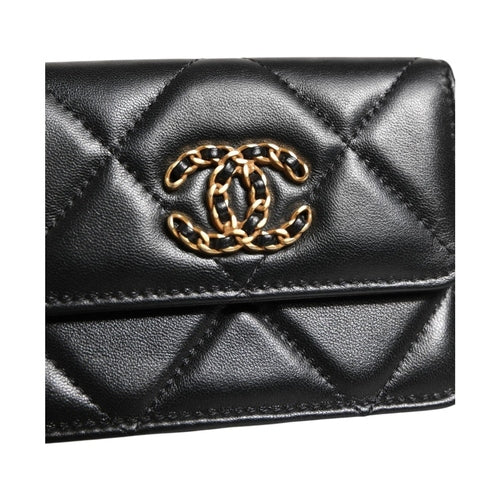 Chanel 19 Flap Coin Purse Quilted Leather Black Crossbody