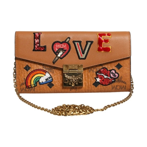 MCM Cognac Brown Coated Canvas Visetos Patricia Love Patch Wallet-on-chain