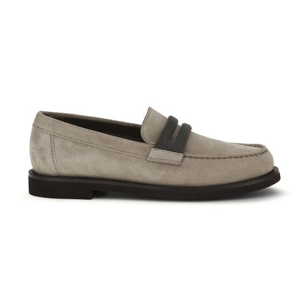 Brunello Cucinelli Gray Calf Leather Bos Taurus Slip-On Loafers