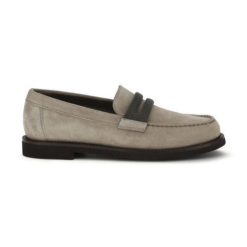 Brunello Cucinelli Gray Calf Leather Bos Taurus Slip-On Loafers