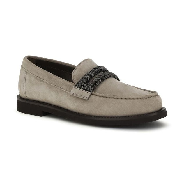 Brunello Cucinelli Gray Calf Leather Bos Taurus Slip-On Loafers