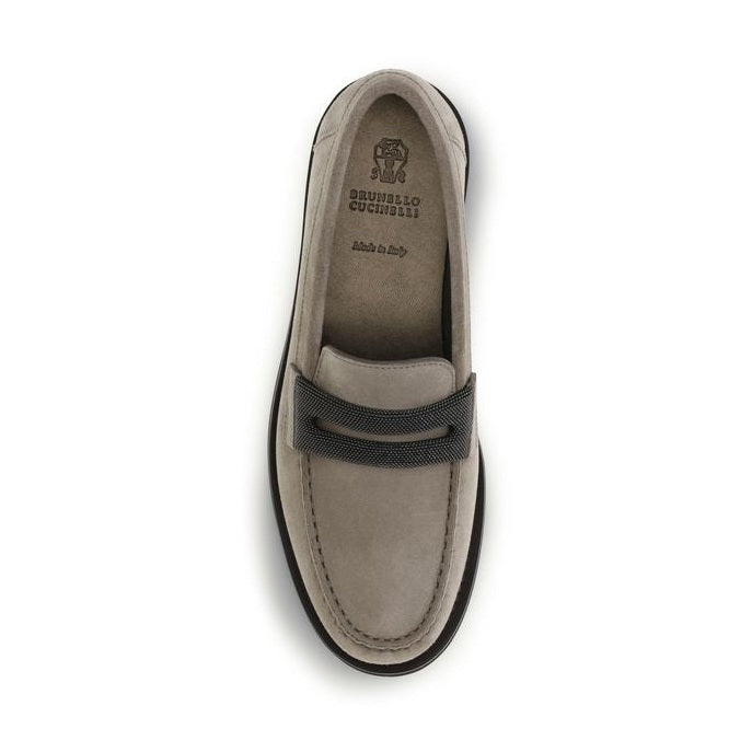 Brunello Cucinelli Gray Calf Leather Bos Taurus Slip-On Loafers