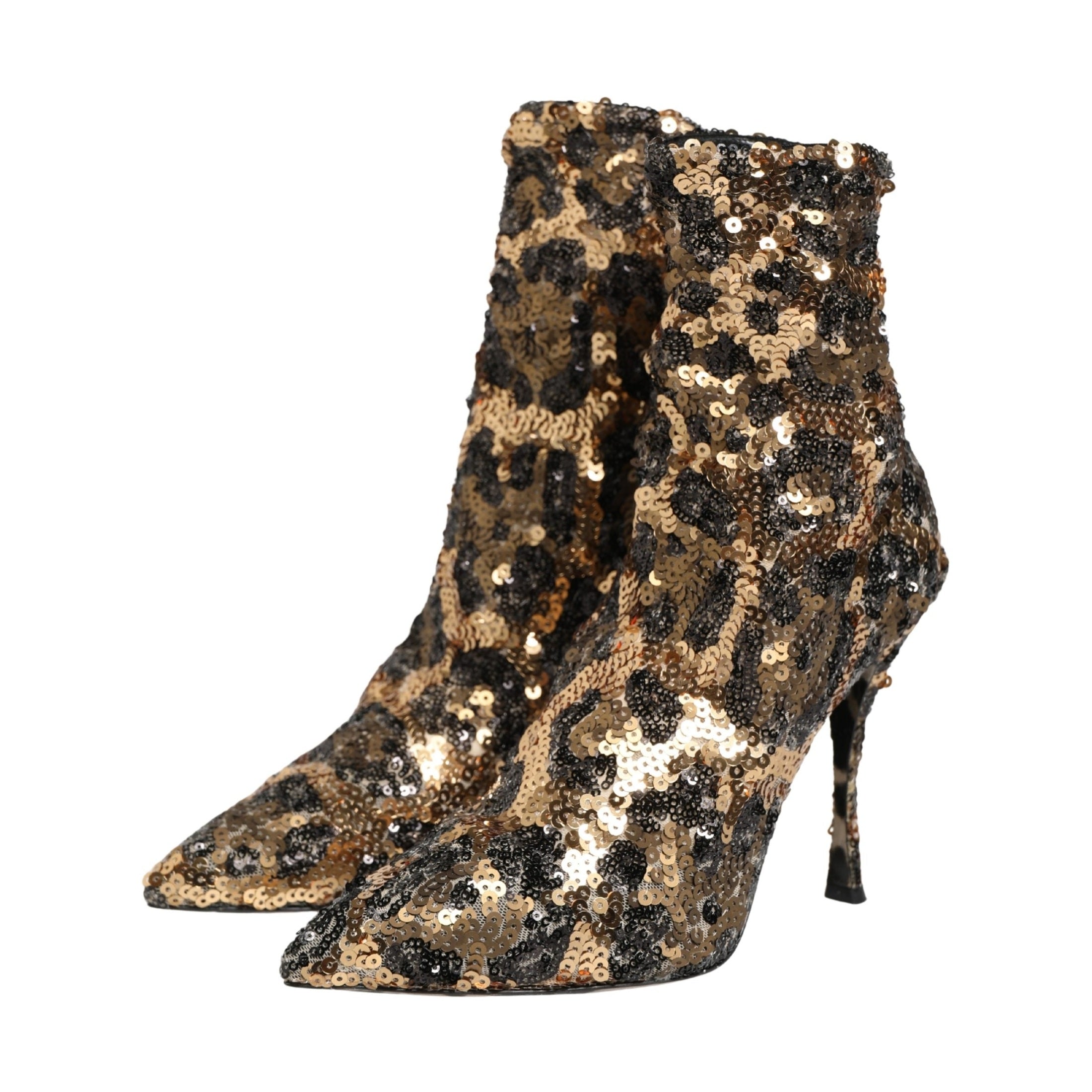 Dolce & Gabbana Gold Leopard Sequin Sock Ankle Boots Shoes