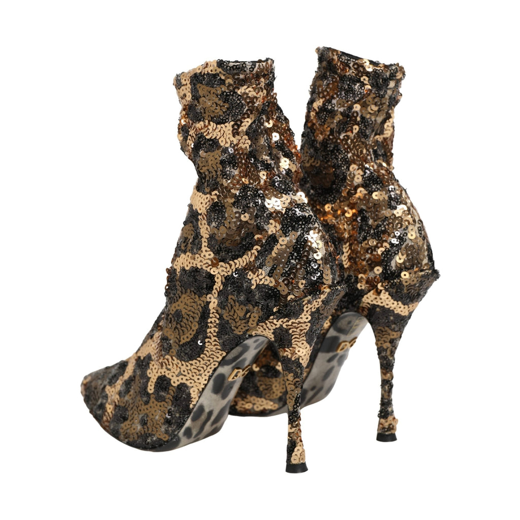 Dolce & Gabbana Gold Leopard Sequin Sock Ankle Boots Shoes