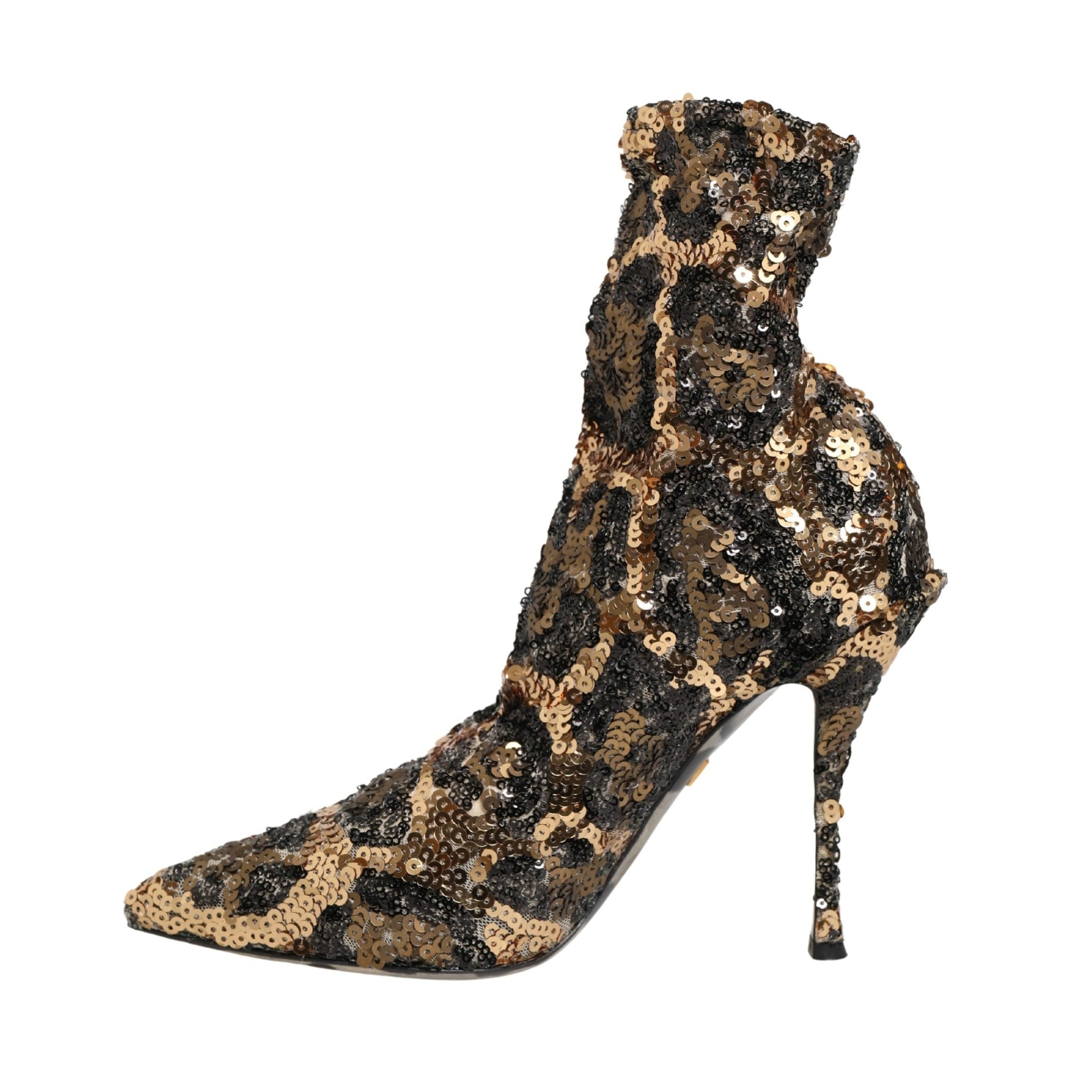 Dolce & Gabbana Gold Leopard Sequin Sock Ankle Boots Shoes