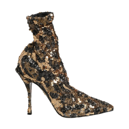 Dolce & Gabbana Gold Leopard Sequin Sock Ankle Boots Shoes