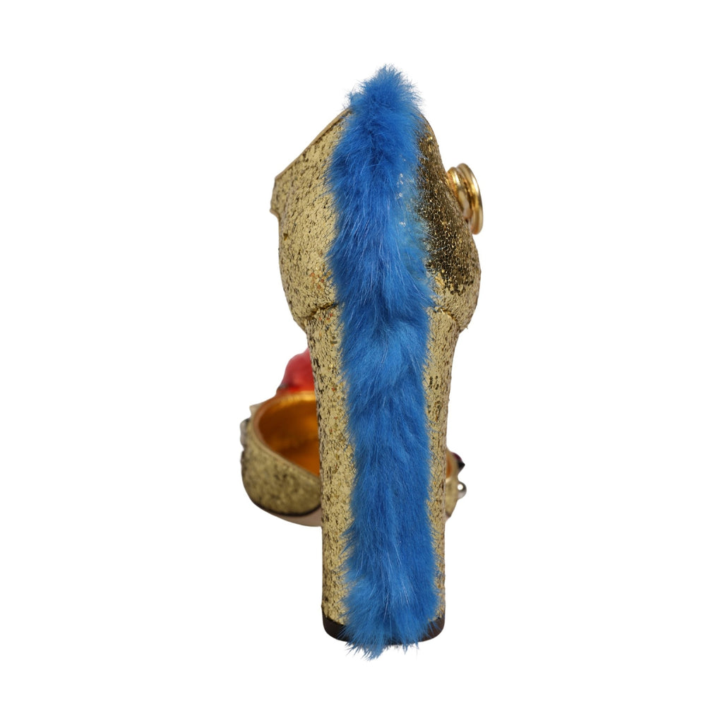 Dolce & Gabbana Gold Fur Trim Glitter T-strap Sandals Shoes