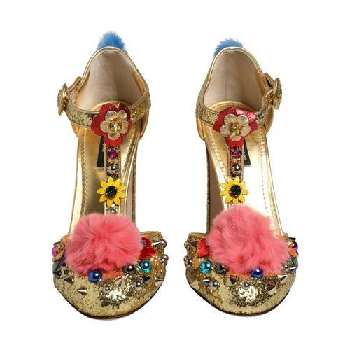 Dolce & Gabbana Gold Fur Trim Glitter T-strap Sandals Shoes