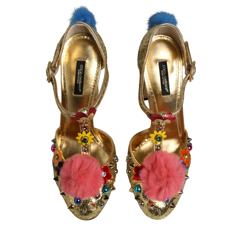 Dolce & Gabbana Gold Fur Trim Glitter T-strap Sandals Shoes