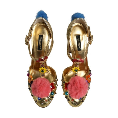 Dolce & Gabbana Gold Fur Trim Glitter T-strap Sandals Shoes