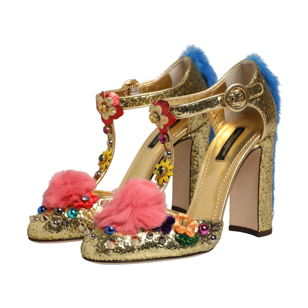 Dolce & Gabbana Gold Fur Trim Glitter T-strap Sandals Shoes