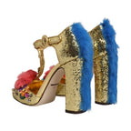 Dolce & Gabbana Gold Fur Trim Glitter T-strap Sandals Shoes