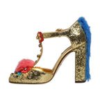 Dolce & Gabbana Gold Fur Trim Glitter T-strap Sandals Shoes