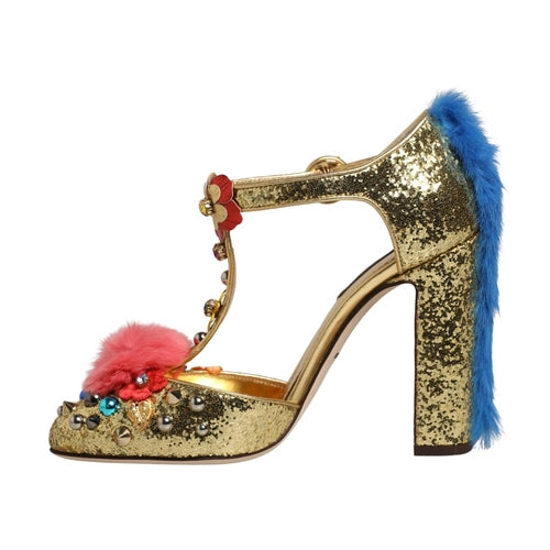 Dolce & Gabbana Gold Fur Trim Glitter T-strap Sandals Shoes