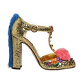 Gold Fur Trim Glitter T-strap Sandals Shoes