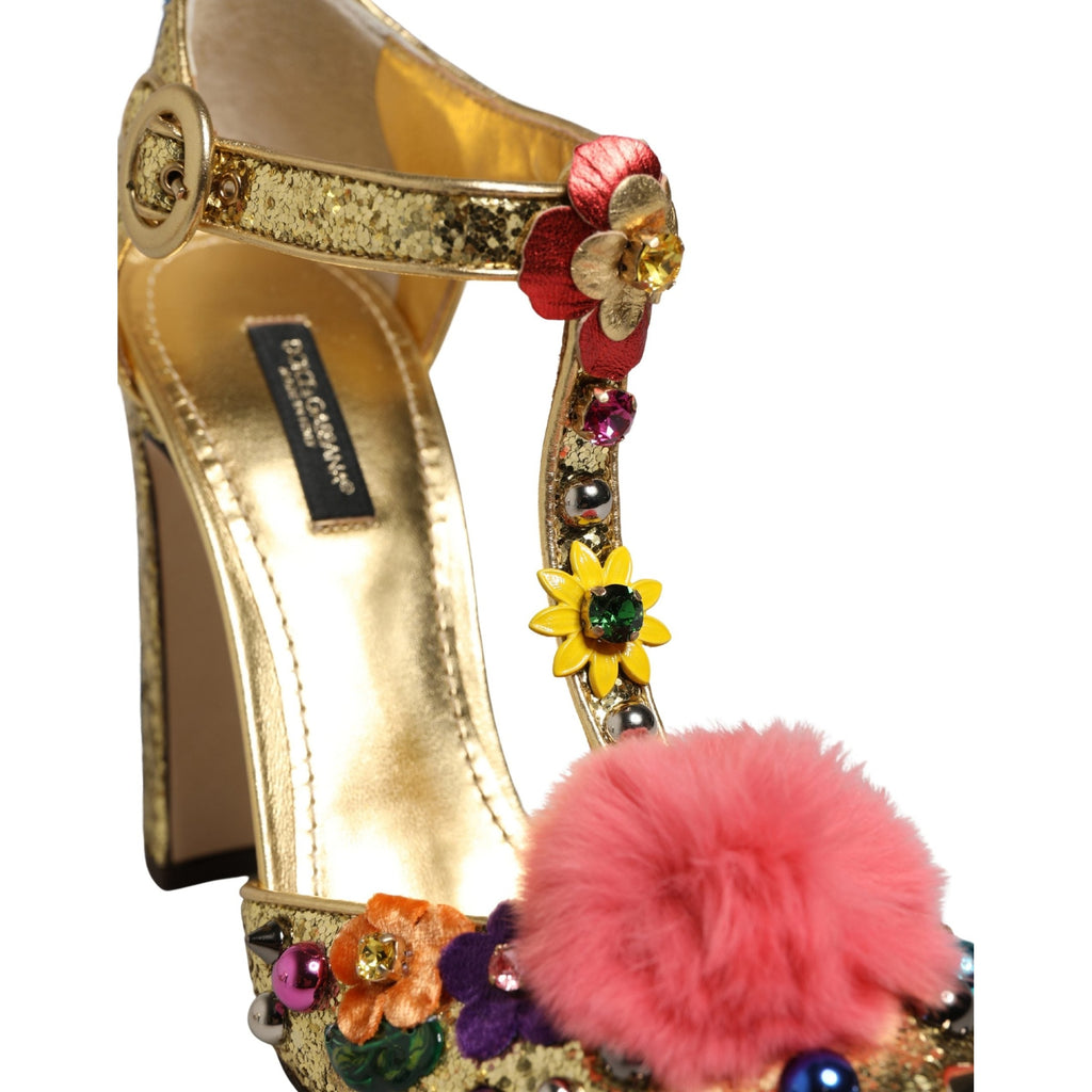 Gold Fur Trim Glitter T-strap Sandals Shoes