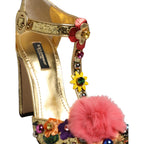 Gold Fur Trim Glitter T-strap Sandals Shoes