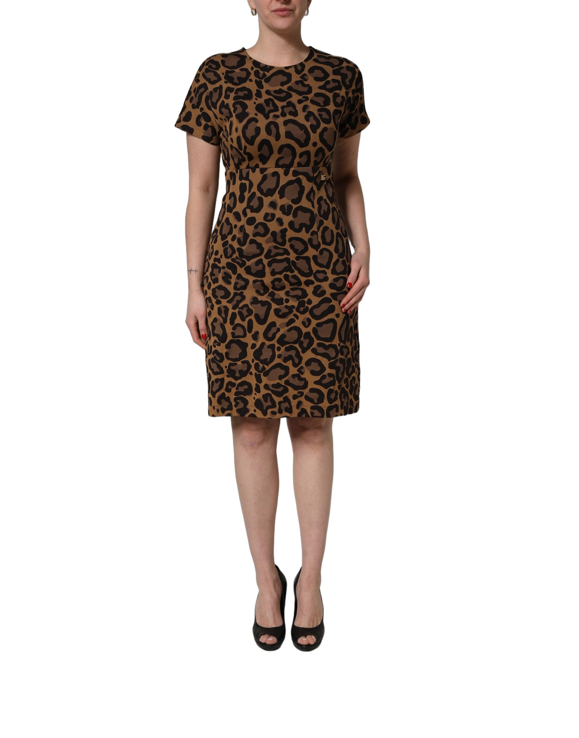 Brown Leopard Jacquard Knee Length Dress