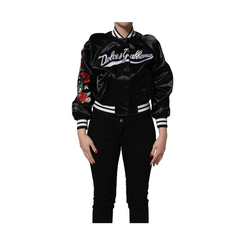 Dolce & Gabbana Black Satin Floral Embroidery Bomber Jacket