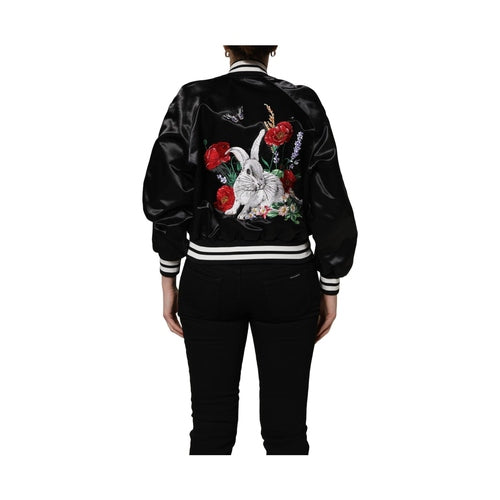 Dolce & Gabbana Black Satin Floral Embroidery Bomber Jacket